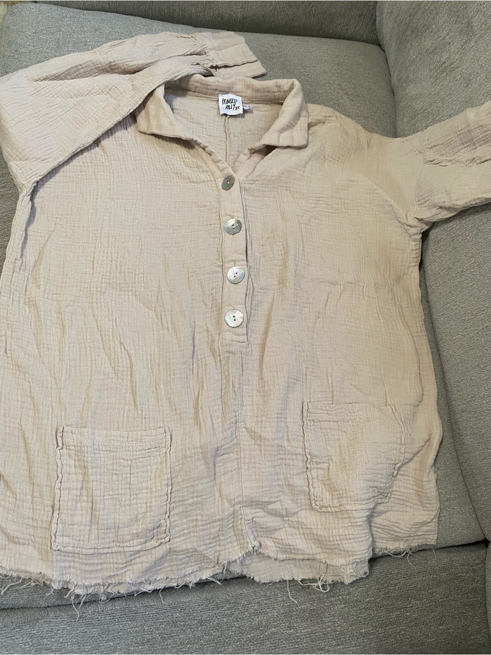 Princess Polly Beige Crinkle Button Pullover Top
